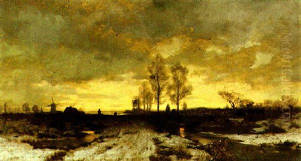 Figures In A Winter Landscape Oil Painting by Ludwig Lanckow