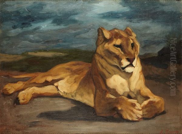 Lionne Oil Painting by Auguste Lancon