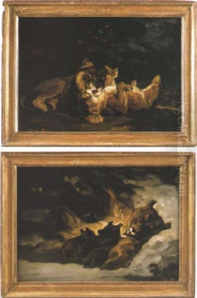 Lion Lechant Sa Lionne Oil Painting by Auguste Lancon