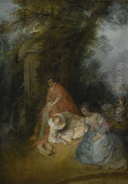 Pierrot With Three Women In A Park Oil Painting by Nicolas Lancret