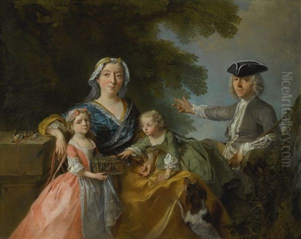 Portrait Of A Family, Traditionally Identified As Mr. And Mrs. Saint-martin With Their Two Children In A Landscape Oil Painting by Nicolas Lancret