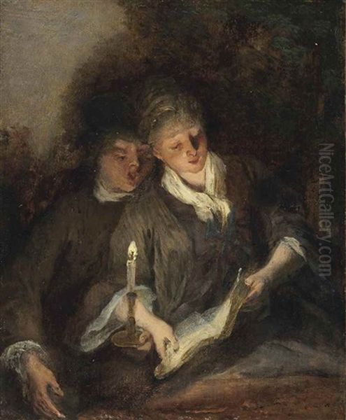 An Elegant Couple Singing By Candlelight ('the Duet') Oil Painting by Nicolas Lancret