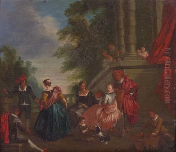 Elegant Company In A Courtyard, Landscape Beyond Oil Painting by Nicolas Lancret