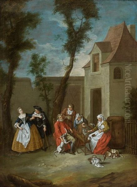 Famille Au Rouet Devant Une Maison Et Enfants Jouant Sous Une Arcade (pair) Oil Painting by Nicolas Lancret