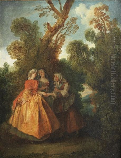 An Elegant Lady And A Fortune Teller In A Wooded Landscape by Nicolas Lancret