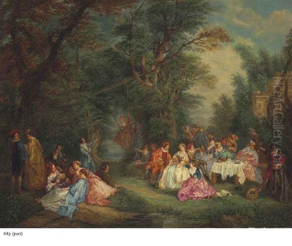 Fete Champetre With A Couple Dancing And Fete Champetre With A Woman On A Swing (pair) Oil Painting by Nicolas Lancret