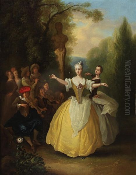 An Elegant Garden Party (pair) Oil Painting by Nicolas Lancret