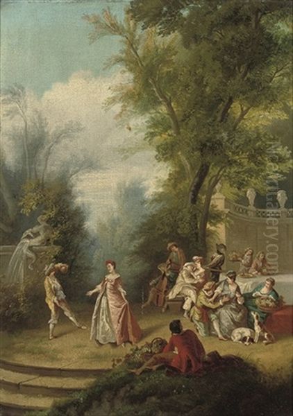 A Fete Champetre With Figures By A Fountain (+ A Fete Champetre With Figures Dining; Pair) Oil Painting by Nicolas Lancret