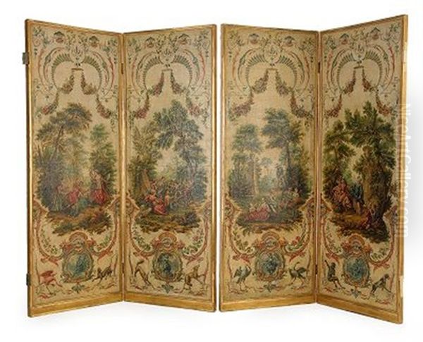 Pastorala Landskap Med Figurstaffage (4-panel Screen) Oil Painting by Nicolas Lancret