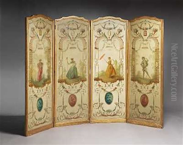 Personer, Musicerende Aber, Blomster Og Arabesker I Rokokostil (4 Panel Screen) by Nicolas Lancret