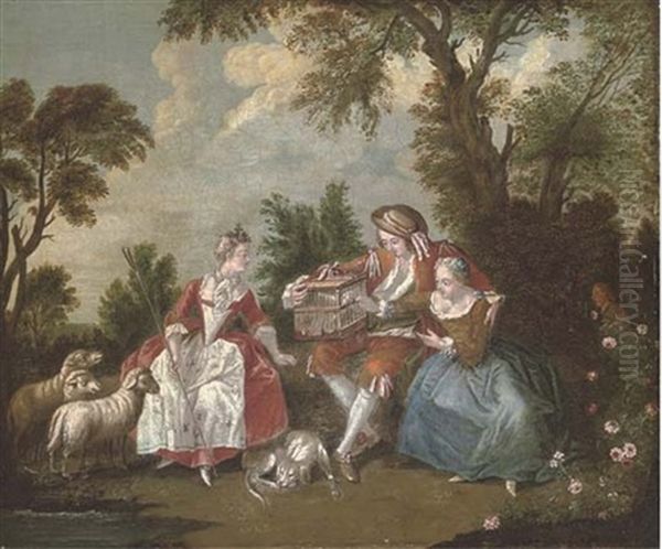 A Wooded Landscape With An Amorous Couple, And A Shepherdess And Her Flock Oil Painting by Nicolas Lancret