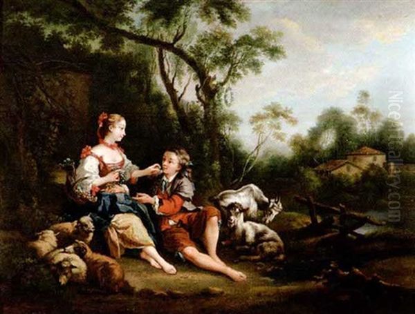 Elegant Company In A Woodland Passage (+ Courting Scene; Pair) Oil Painting by Nicolas Lancret