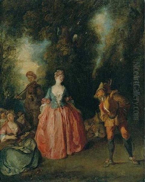 A Fete Galante: An Elegant Lady Dancing With Pulcinella In A Wooded Landscape Oil Painting by Nicolas Lancret