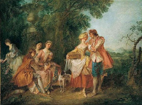 A Fete Champetre With Figures Conversing In A Parkland Setting Oil Painting by Nicolas Lancret