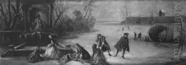 Patineurs Sur Une Riviere Gelee Oil Painting by Nicolas Lancret