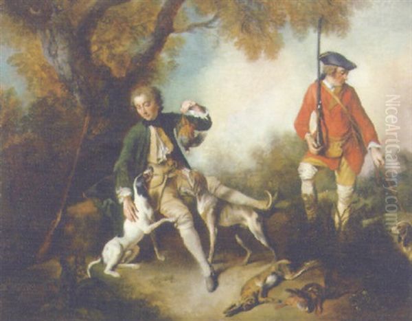 La Halte De Chasseurs: A Huntsman Holding A Gamebird And Resting By A Tree, His Servant And Hounds Nearby Oil Painting by Nicolas Lancret