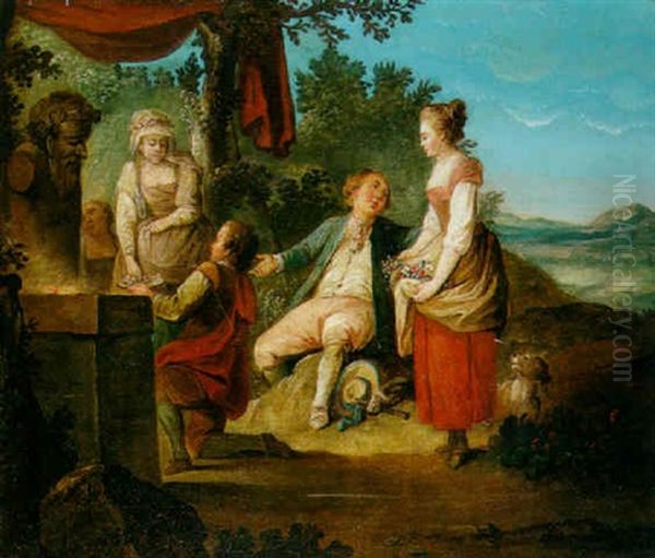 A Rustic Idyl With Figures Making Offerings To Bacchus At A Shrine In The Foreground Oil Painting by Nicolas Lancret