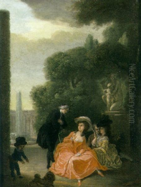 Elegant Figures Gathered In A Garden By A Statue Oil Painting by Nicolas Lancret