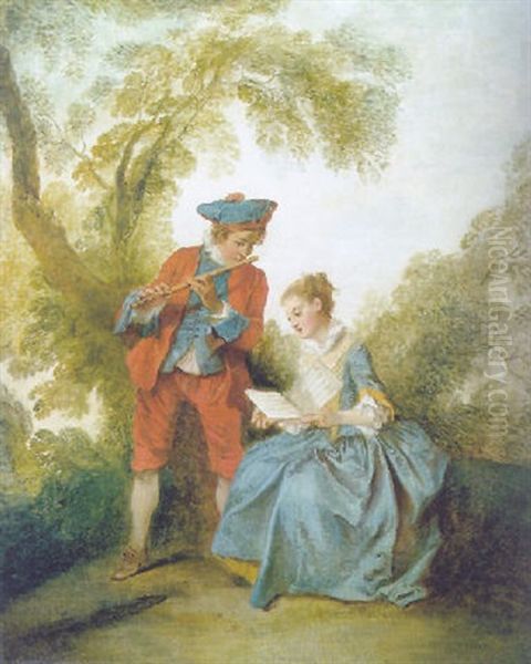 A Couple Making Music In A Landscape Oil Painting by Nicolas Lancret