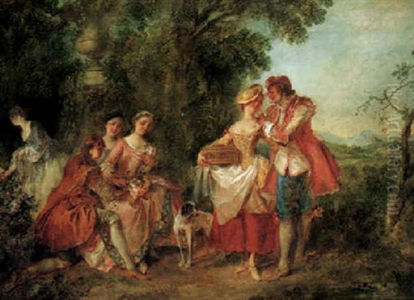 A Fete Champetre With Figures Conversing In A Parkland Setting Oil Painting by Nicolas Lancret