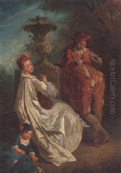 An Elegant Couple Making Music In A Garden Oil Painting by Nicolas Lancret