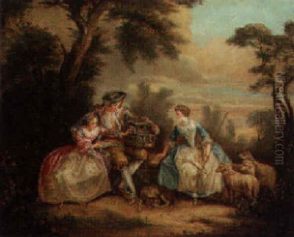 Elegant Figures In A Landscape Oil Painting by Nicolas Lancret