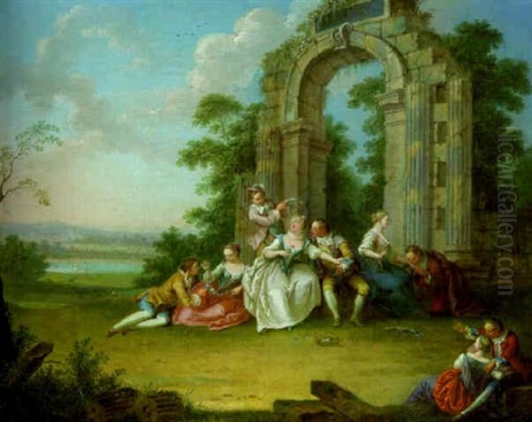 Amorous Couples Resting By A Ruined Archway In A Landscape Oil Painting by Nicolas Lancret