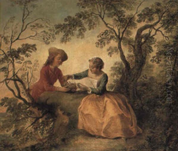 Le Nid D'oiseaux: A Young Couple Courting Over A Bird's Nest Oil Painting by Nicolas Lancret