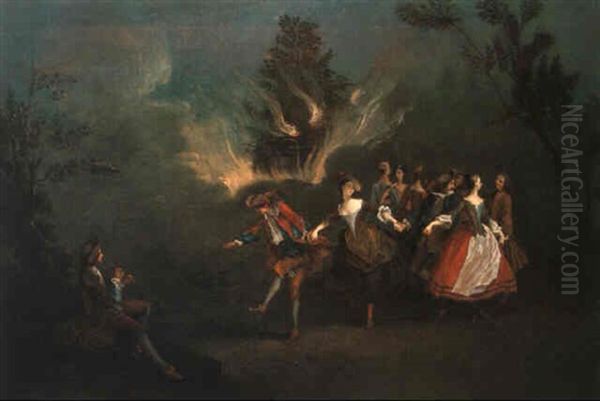 Um Nachtliches Feuer Tanzende Gesellschaft Oil Painting by Nicolas Lancret