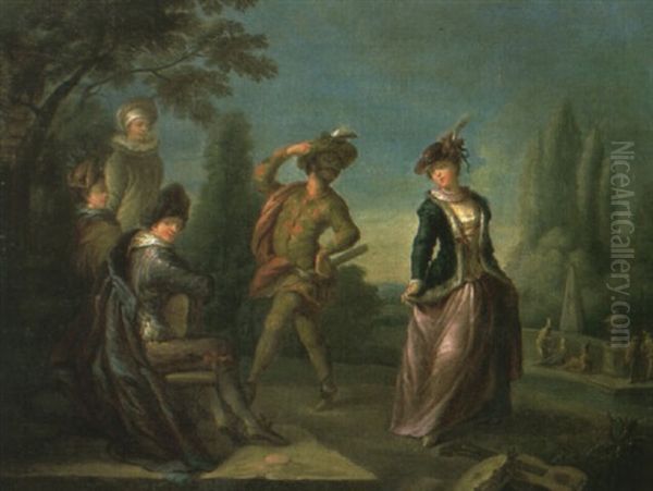 Performance Of The Commedia Dell'arte In A Landscape Oil Painting by Nicolas Lancret