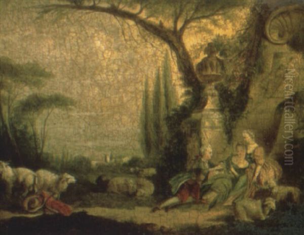 Elegant Company Resting Near A Monument In A Landscape Oil Painting by Nicolas Lancret