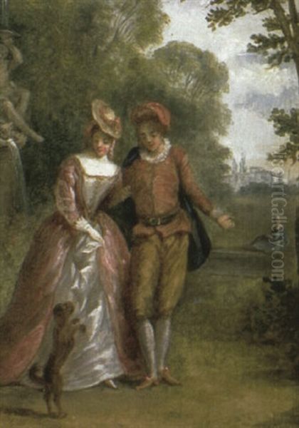 A Courting Couple Near A Fountain In A Landscape Oil Painting by Nicolas Lancret