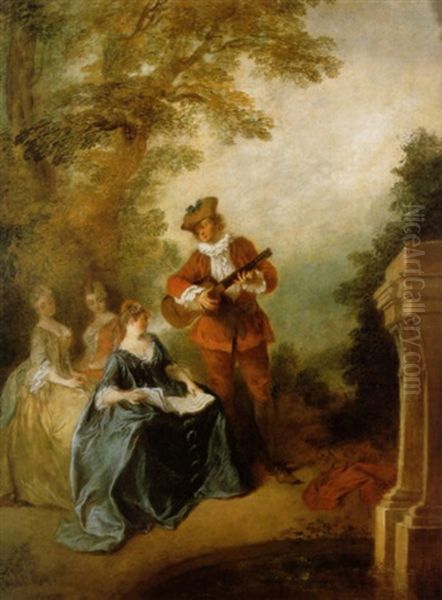 A Musical Scene In A Garden With A Guitar Player by Nicolas Lancret