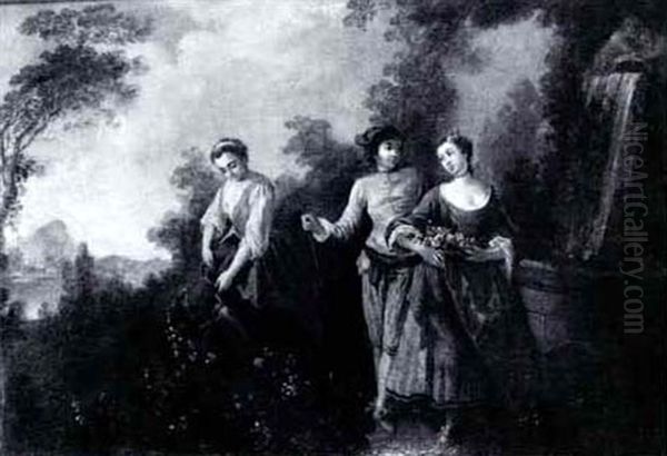 Two Women And A Man Gardening By A Fountain Oil Painting by Nicolas Lancret