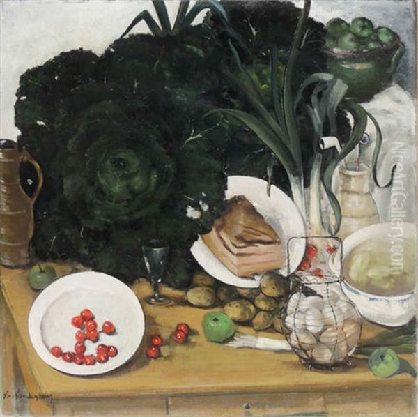 Nature Morte Aux Pommes De Terre, Chou, Oeufs Et Cerises Oil Painting by Gaston (Th.-G.) van Landeghem