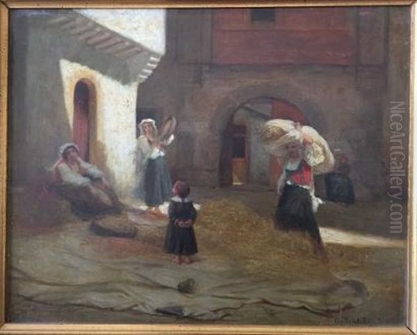 Scene De Glanage Dans Une Cour Oil Painting by Charles Zacharie Landelle