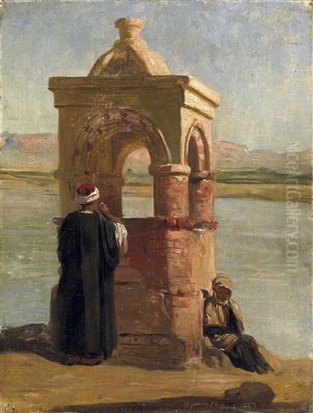 Am Ufer Des Nils Vor Esna. Zwei Agypter An Einem Antiken Monument Oil Painting by Charles Zacharie Landelle