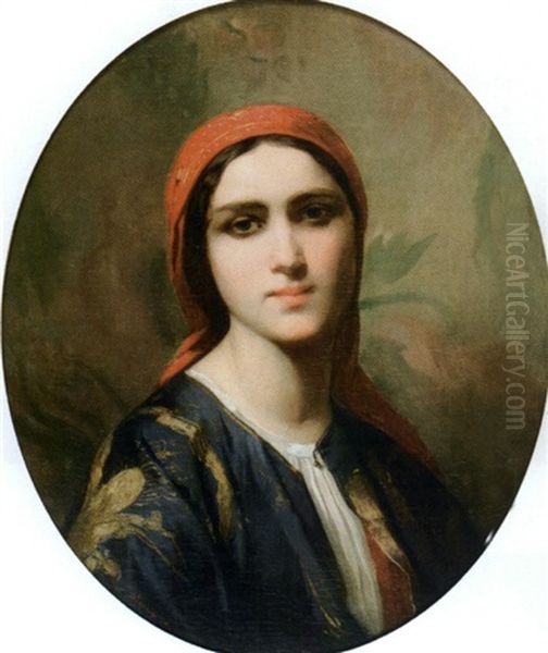 Beaute Orientale Au Voile Rouge Oil Painting by Charles Zacharie Landelle