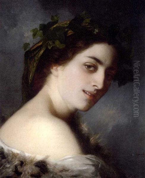 Portrait Of A Lady Wearing A Coronet Of Ivy And A Fur Wrap Oil Painting by Charles Zacharie Landelle