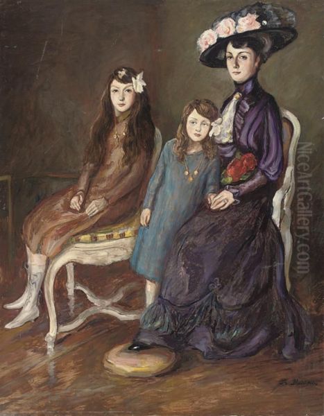 Portrait Of A Mother And Her Two Daughters Oil Painting by Robert Beielstein