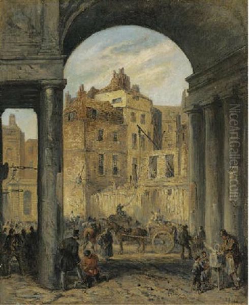 Foregate, Strand, Entrance To Boswell Court, Showing Demolition Work In Progress Prior To The Building Of The New Law Courts Oil Painting by Robert Thomas Landells