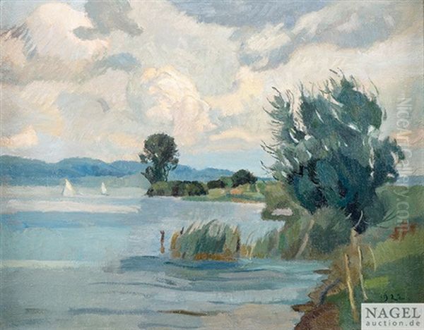 Landschaft Am Ammersee Mit Segelbooten, 1922 Oil Painting by Christian Landenberger