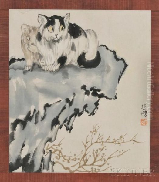 Depicting Two Cats On A Rock Oil Painting by Xu Beihong