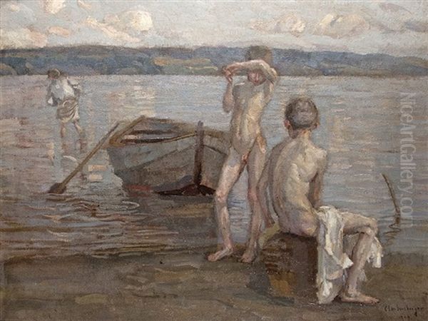 Boys Bathing On The Lake Shore Oil Painting by Christian Landenberger