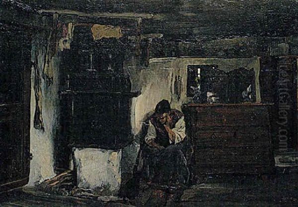 Bauerin Am Kamin Oil Painting by Christian Landenberger