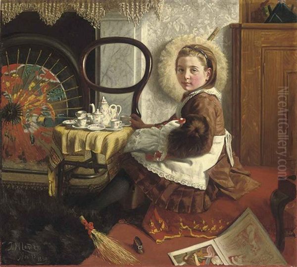 Portrait Of Elsie Esther Cornish, Aged 7, Seated At A Table With Her Doll And Tea Set Oil Painting by John Saint-Helier Lander