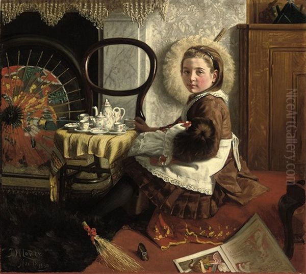 Portrait Of Elsie Esther Cornish, Aged 7, Seated At A Table With Her Doll And Tea Set Oil Painting by John Saint-Helier Lander