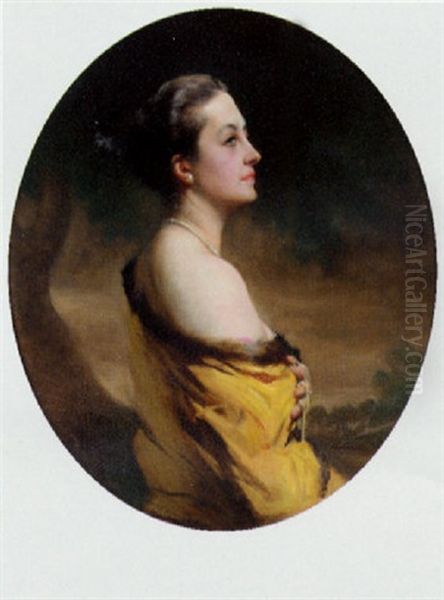 Portrait Of Lady Mount In A Yellow Fur-trimmed Wrap In A Landscape Oil Painting by John Saint-Helier Lander