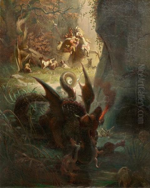 Saint George And The Dragon Oil Painting by Albert Landerer