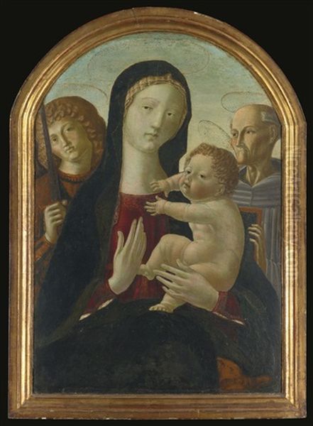 Madonna And Child With Saints Michael And Bernardino Of Siena (collab. W/workshop) Oil Painting by Neroccio di Bartolomeo dei Landi